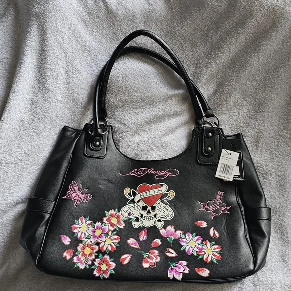 Ed Hardy Black Bag with Floral and Skull Embroidery - Picture 1 of 4